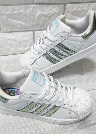 Кроссовки adidas*superstar/адидас*суперстар белые с зелёным глянцем р.41