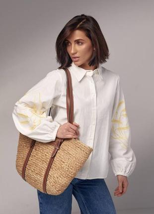 Вышиванка женская рубашка вышитая колоски черная белая голубая с м л с воротничком на пуговицах