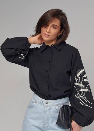 Вышиванка женская рубашка вышитая колоски черная белая голубая с м л с воротничком на пуговицах