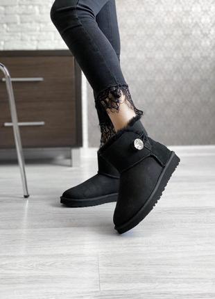 Женские чёрные угги ugg mini bailey button swarovski black6 фото