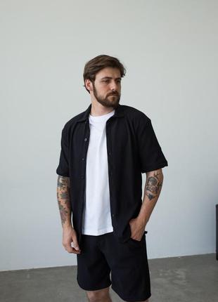 Мужской летний оверсайз комплект рубашка с шортами чёрный