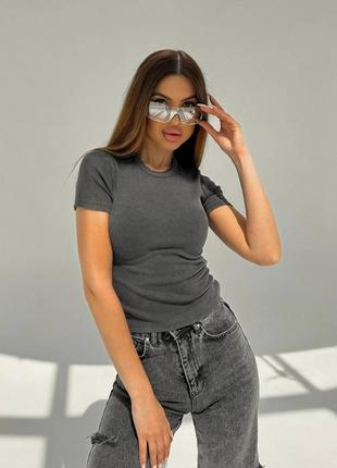 Плотная базовая футболка кроп в рубчик,варенка,графит,турция