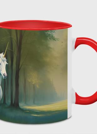 Чашка с принтом  «единорог в летнем лесу» (цвет чашки на выбор)