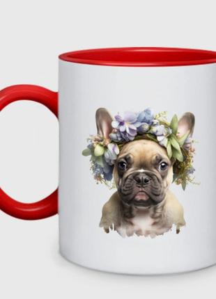 Чашка с принтом двухцветная «весна в душе: щенок французского бульдога» (цвет чашки на выбор)