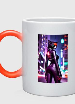 Чашка с принтом хамелеон «девушка-кошка в ночном городе - киберпанк» (цвет чашки на выбор)