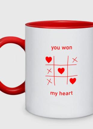 Чашка с принтом двухцветная «ты выйграла мое сердце: крестики нолики» (цвет чашки на выбор)