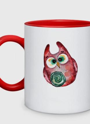Чашка с принтом двухцветная «удивленная сова» (цвет чашки на выбор)