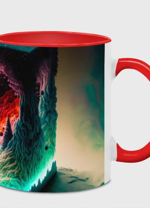 Чашка с принтом  «абстрактный куб со снежным лесом и космосом» (цвет чашки на выбор)
