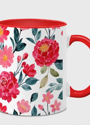 Чашка с принтом  «красные цветы паттерн» (цвет чашки на выбор)