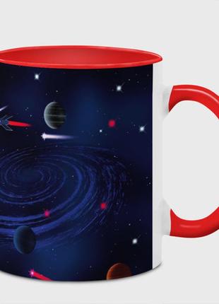 Чашка с принтом  «космос, планеты, ракета» (цвет чашки на выбор)