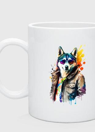 Чашка з принтом  керамічний «собака хаскі в одязі»