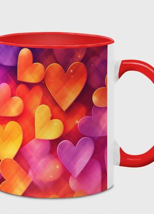 Чашка с принтом  «разноцветные сердечки» (цвет чашки на выбор)