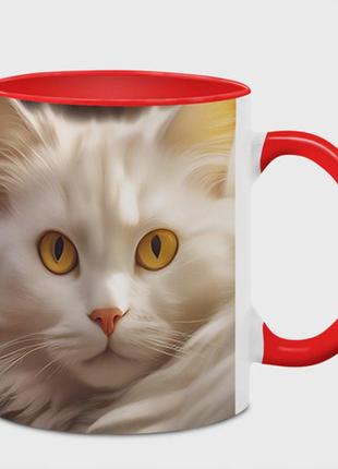 Чашка з принтом «біла пухнаста кішка з бурштиновими очима» (колір чашки на вибір)