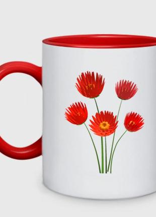 Чашка с принтом двухцветная «3d red flowers» (цвет чашки на выбор)