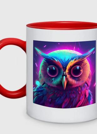 Чашка с принтом двухцветная «сова в неоне» (цвет чашки на выбор)