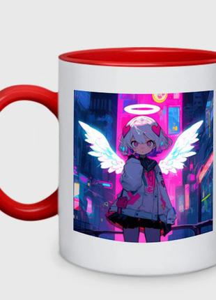 Чашка з принтом  двоколірна «мила аніме школярка-ангел» (колір чашки на вибір)