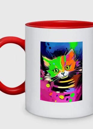 Чашка з принтом  двоколірний «смішний кошенят — акварель — нейромережа» (колір чашки на вибір)