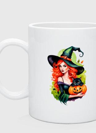 Чашка с принтом керамическая «рыжая ведьма с тыквой и черным котом»