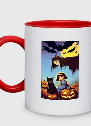 Чашка с принтом двухцветная «ведьма нависла над малышкой и котом» (цвет чашки на выбор)