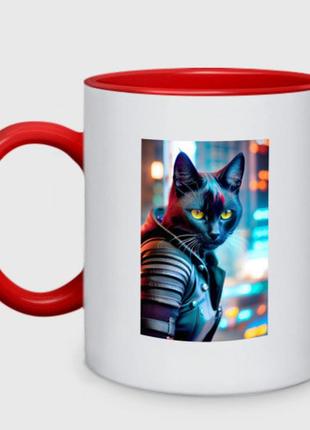 Чашка з принтом  двоколірна «модний котик на тлі міських вогнів» (колір чашки на вибір)