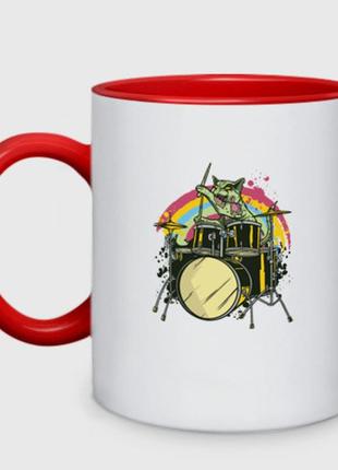 Чашка с принтом двухцветная «зомби кот барабанщик» (цвет чашки на выбор)