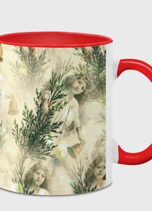 Чашка з принтом  «вінтажний патерн із різдвяним ангелом» (колір чашки на вибір)