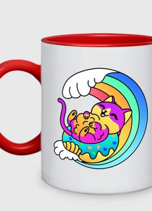 Чашка з принтом  двоколірна «радужна хвиля та пухнастий котик» (колір чашки на вибір)