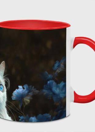 Чашка з принтом «кіт і сині квіти» (колір чашки на вибір)