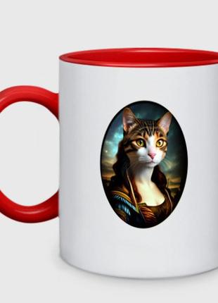Чашка с принтом двухцветная «леди кошка - нейросеть - портрет» (цвет чашки на выбор)