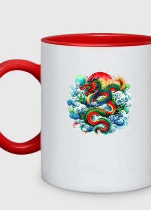 Кухоль з принтом двоколірна «японський дракон на тлі сонця — акварель» (колір чашки на вибір)
