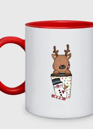 Чашка с принтом двухцветная «новогодний  олень» (цвет чашки на выбор)