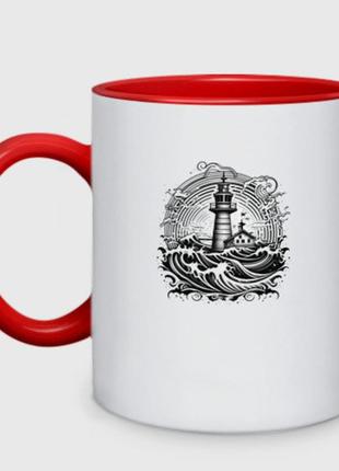 Чашка с принтом двухцветная «море и маяк » (цвет чашки на выбор)