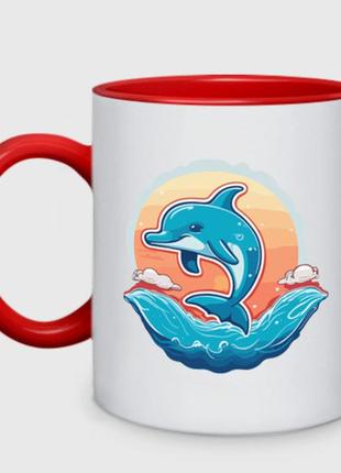 Чашка с принтом двухцветная «веселый дельфин на море» (цвет чашки на выбор)