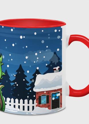 Чашка с принтом  «маленький зеленый новогодний дракон на фоне снега» (цвет чашки на выбор)