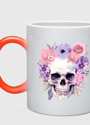 Чашка с принтом хамелеон «череп с цветами» (цвет чашки на выбор)
