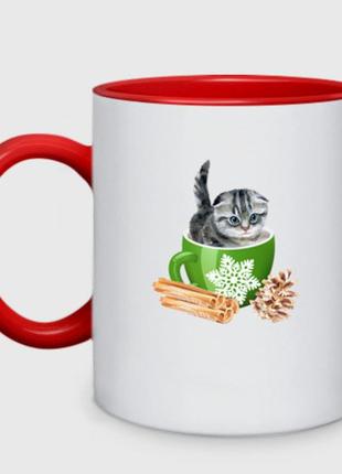 Чашка з принтом  керамічний «кошеня в новорічному гуртку» (колір чашки на вибір)