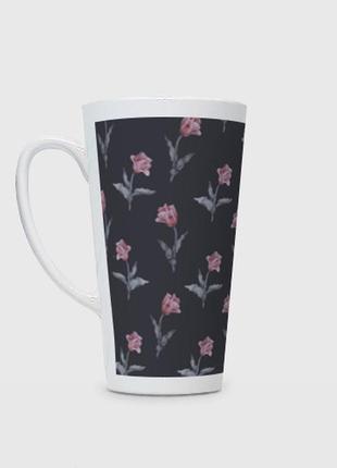 Чашка з принтом  лате «червоні тюльпани з листям на чорному тлі»