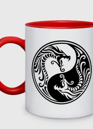 Чашка с принтом двухцветная «два дракона инь янь» (цвет чашки на выбор)