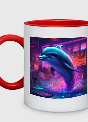 Чашка с принтом двухцветная «дельфин в неоновом свете» (цвет чашки на выбор)