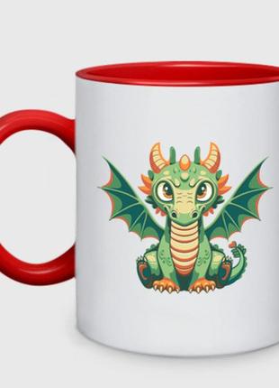 Чашка с принтом двухцветная «зеленый дракончик символ нового года» (цвет чашки на выбор)