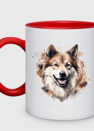 Кухоль з принтом двоколірна «собака лайка артпортрет» (колір чашки на вибір)