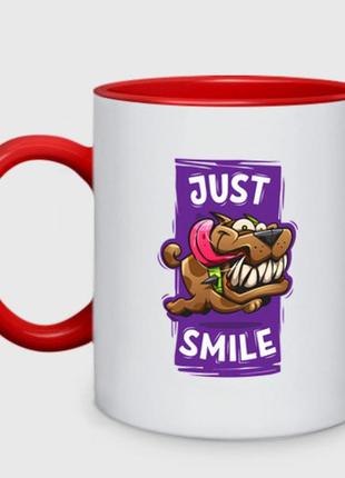 Чашка с принтом двухцветная «собака улыбака» (цвет чашки на выбор)