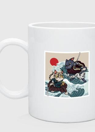 Чашка з принтом  двоколірний «битва японський котів samurai cat»