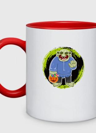 Чашка с принтом двухцветная «мультяшный зеленый тролль к конфетами» (цвет чашки на выбор)