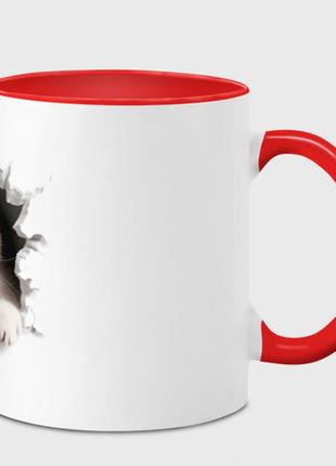 Чашка с принтом  «серый удивленный котенок в разломе» (цвет чашки на выбор)