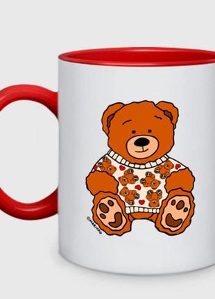 Кухоль з принтом двоколірна «ведмедики та серця на светрі в в ведмедика» (колір чашки на вибір)