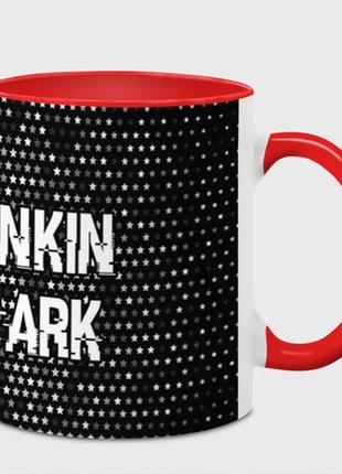 Чашка с принтом  «linkin park glitch на темном фоне: надпись и символ» (цвет чашки на
