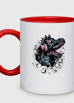 Чашка з принтом  двоколірна «динозавр меломан — музика» (колір чашки на вибір)1 фото