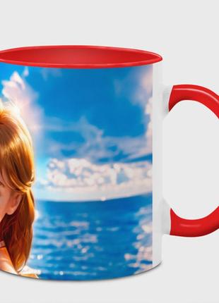 Чашка с принтом  «девушка в красно-белом купальнике на море» (цвет чашки на выбор)