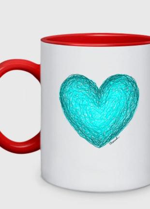 Чашка с принтом двухцветная «рисунок карандашом сердце бирюзового цвета» (цвет чашки на выбор)